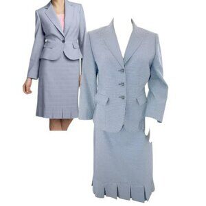 Tahari Navy Blue Gingham Check Houndstooth Pleated Skirt Jacket Blazer Suit 8